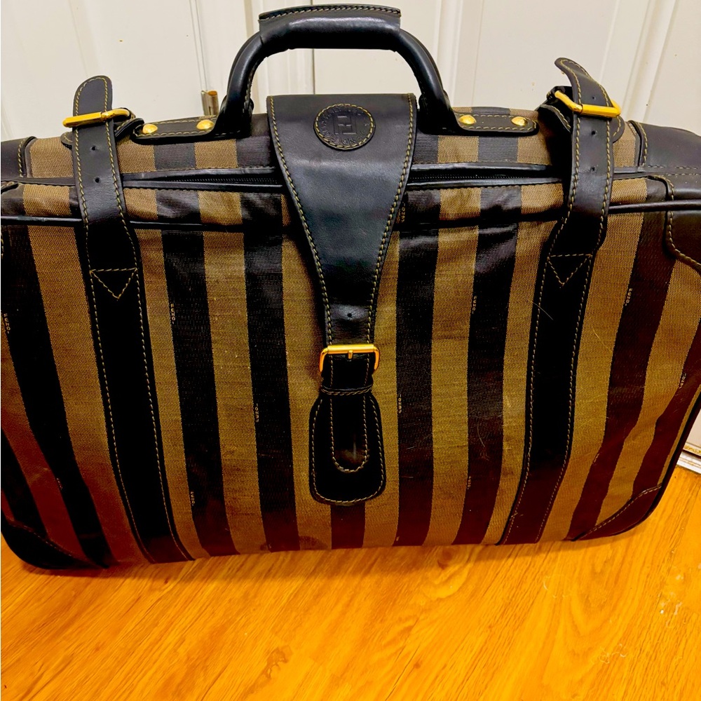 💯Authentic FENDI suitcase vintage Pequin Stripe Print Chocolate brown
